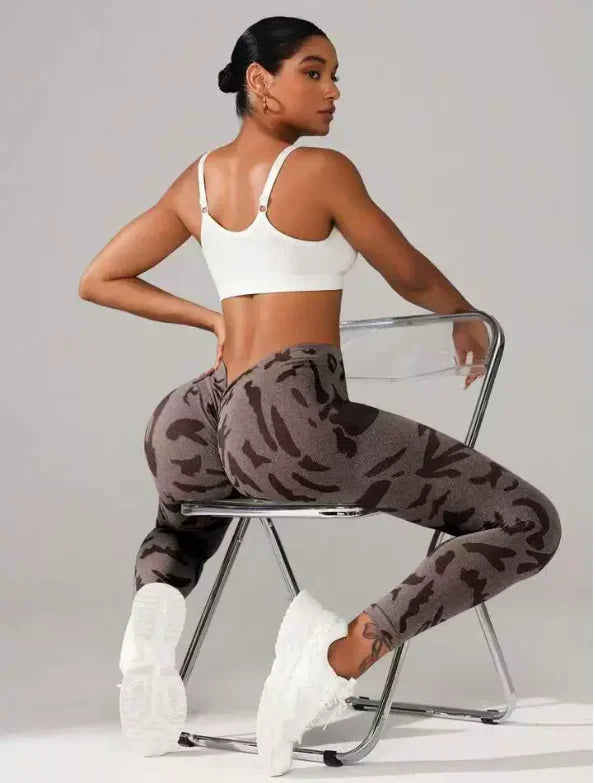 Women V-waist Printed Seamless Yoga Leggings for Sports Fitness, High Waisted Leopard Print Pants Sexy Slim Fit Yoga Leggings