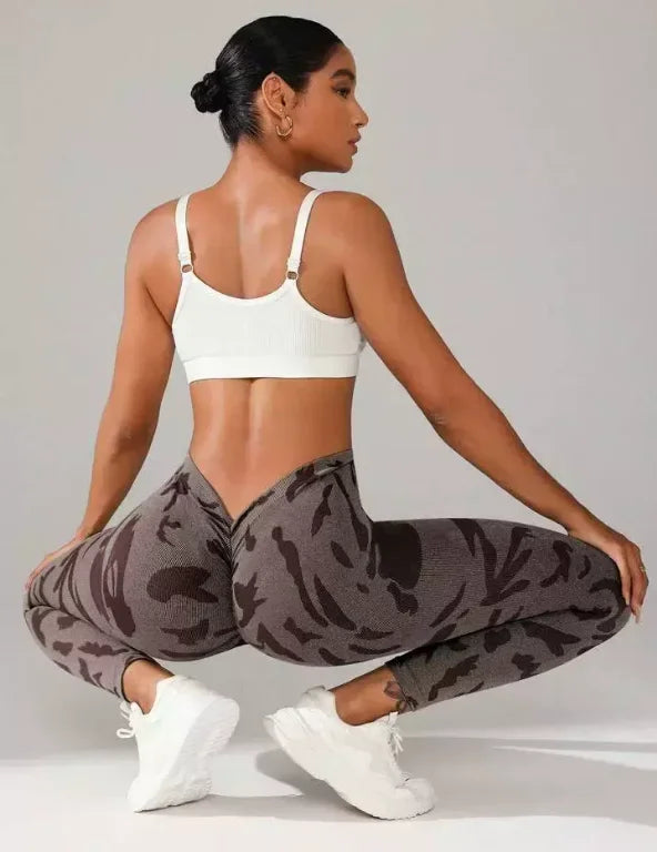Women V-waist Printed Seamless Yoga Leggings for Sports Fitness, High Waisted Leopard Print Pants Sexy Slim Fit Yoga Leggings