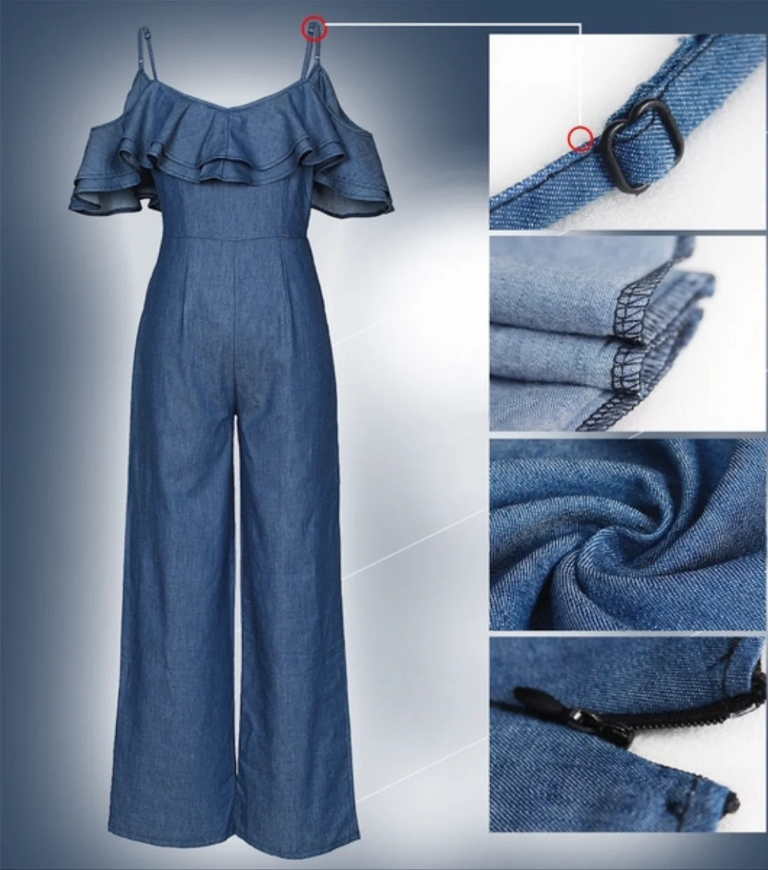 Women's Sexy Denim Jumpsuit, Ruffled Straps Romper with Belt, Loose Fit Long Pants, Summer Fashion Outfit