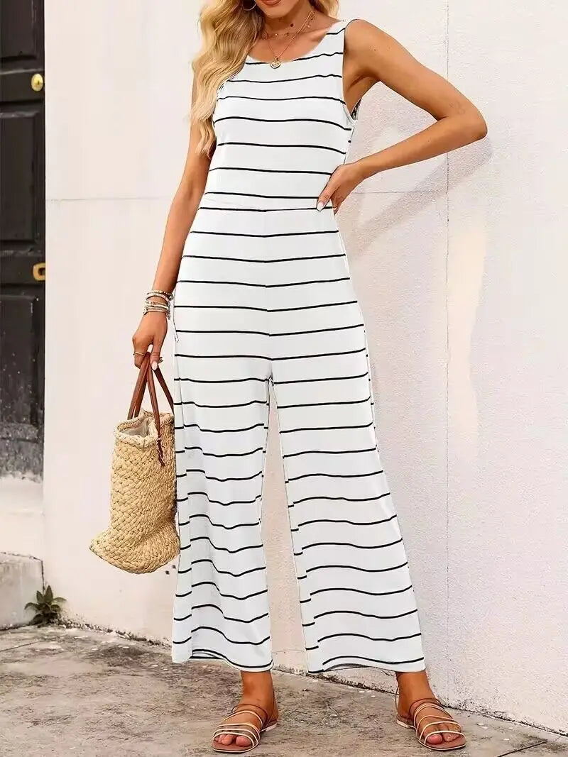 Striped cut loose jumpsuit, versatile spring and summer short-sleeved wide-leg jumpsuit, women clothing