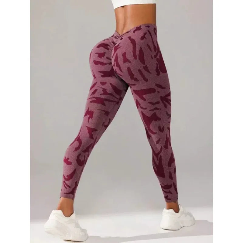 Women V-waist Printed Seamless Yoga Leggings for Sports Fitness, High Waisted Leopard Print Pants Sexy Slim Fit Yoga Leggings