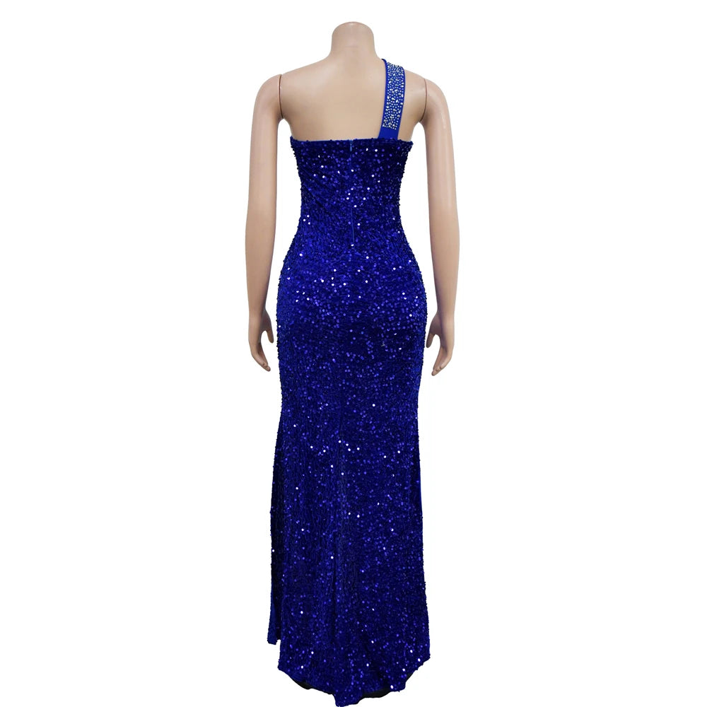 HBLL Women's Sexy One Shoulder Elegant Rhinestone Birthday Maxi Split Dress Sparkly Hot Drilling Bodycon Party Night Clubwear