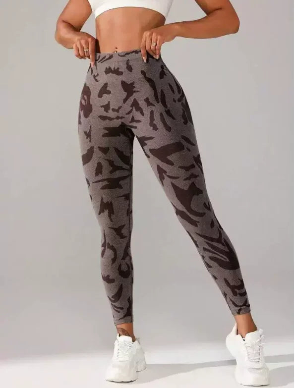 Women V-waist Printed Seamless Yoga Leggings for Sports Fitness, High Waisted Leopard Print Pants Sexy Slim Fit Yoga Leggings