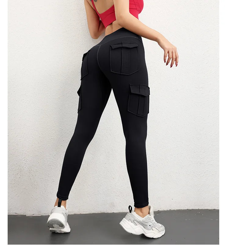 Multi-pocket High Waist Solid Color Yoga Pants Sporting Workout Leggins Pants Yoga Leggings For Women Elastic Slim leggings
