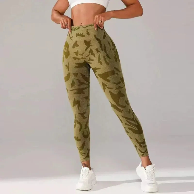 Women V-waist Printed Seamless Yoga Leggings for Sports Fitness, High Waisted Leopard Print Pants Sexy Slim Fit Yoga Leggings