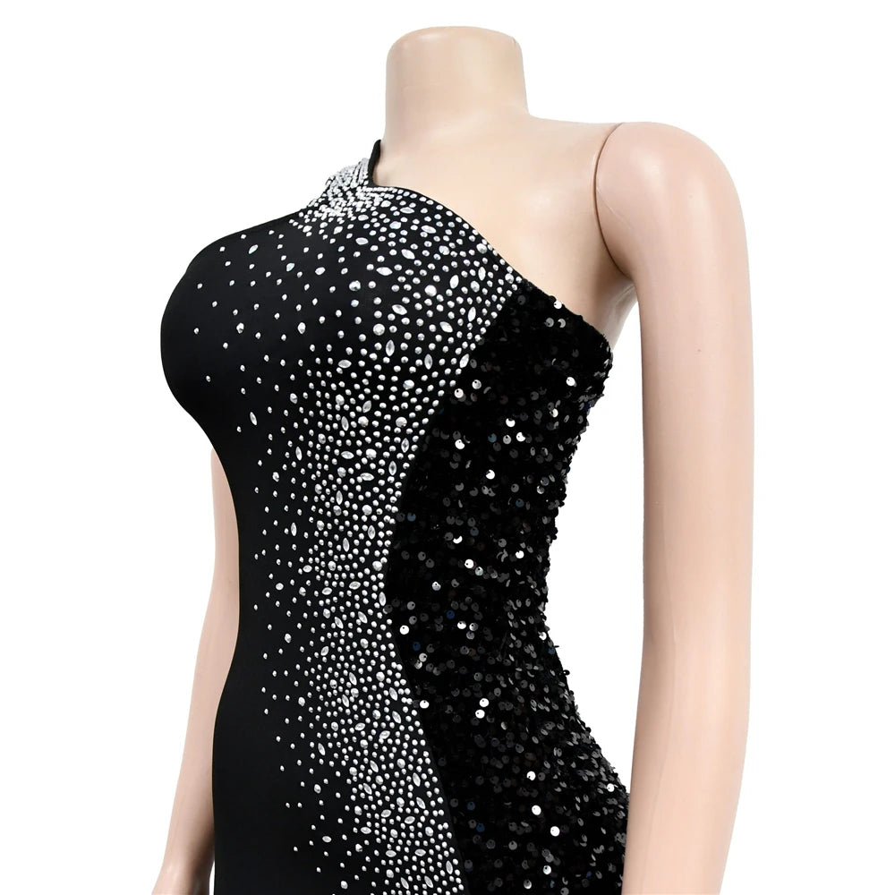 HBLL Women's Sexy One Shoulder Elegant Rhinestone Birthday Maxi Split Dress Sparkly Hot Drilling Bodycon Party Night Clubwear