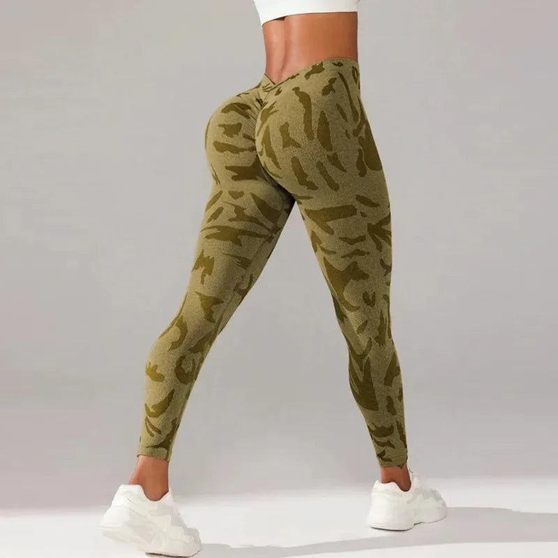 Women V-waist Printed Seamless Yoga Leggings for Sports Fitness, High Waisted Leopard Print Pants Sexy Slim Fit Yoga Leggings