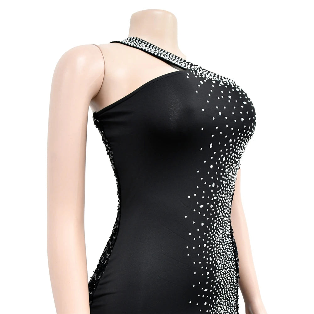 HBLL Women's Sexy One Shoulder Elegant Rhinestone Birthday Maxi Split Dress Sparkly Hot Drilling Bodycon Party Night Clubwear