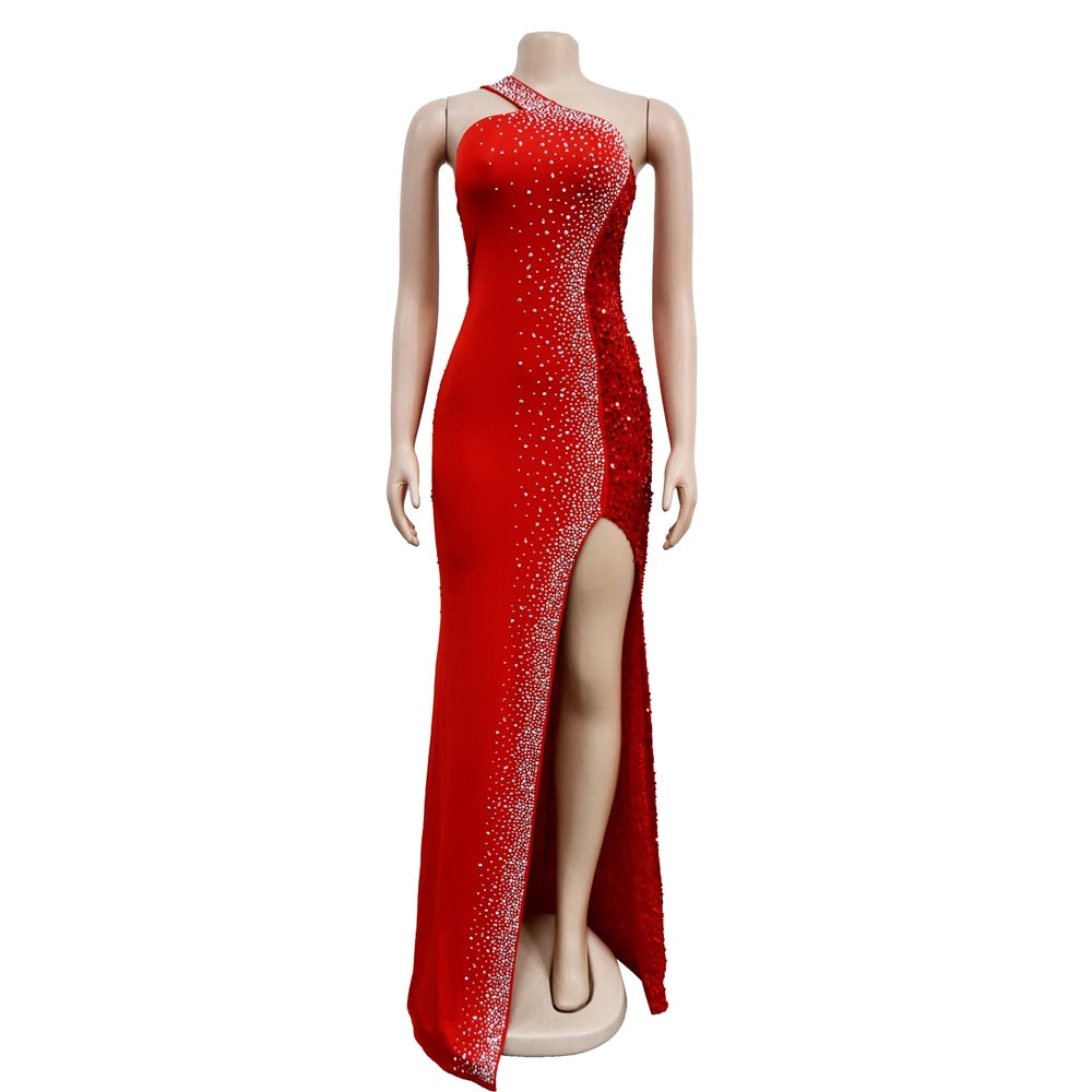 HBLL Women's Sexy One Shoulder Elegant Rhinestone Birthday Maxi Split Dress Sparkly Hot Drilling Bodycon Party Night Clubwear