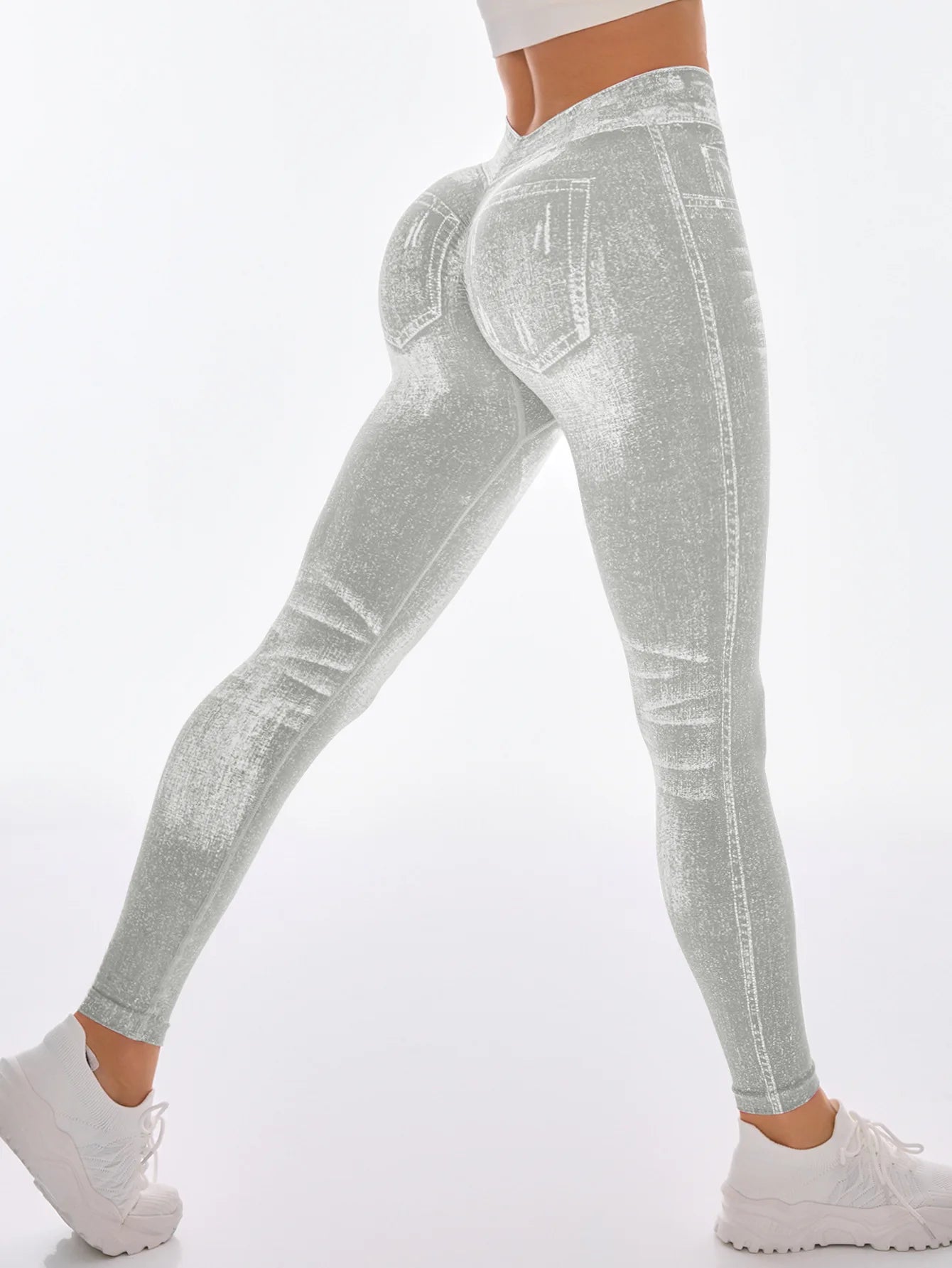 Women V Back Gym Leggings Faux Denim Jeans Athletic Workout Leggins Elastic Seamless Training Yoga Pants Sports Fitness Tights