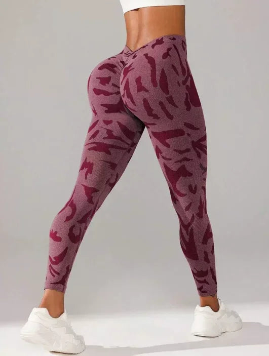 Women V-waist Printed Seamless Yoga Leggings for Sports Fitness, High Waisted Leopard Print Pants Sexy Slim Fit Yoga Leggings