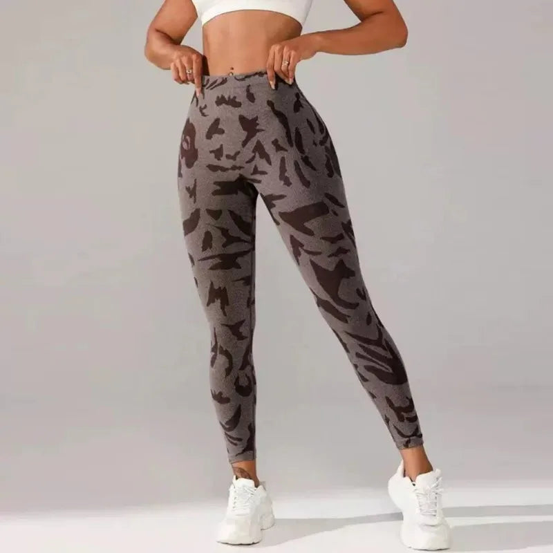 Women V-waist Printed Seamless Yoga Leggings for Sports Fitness, High Waisted Leopard Print Pants Sexy Slim Fit Yoga Leggings