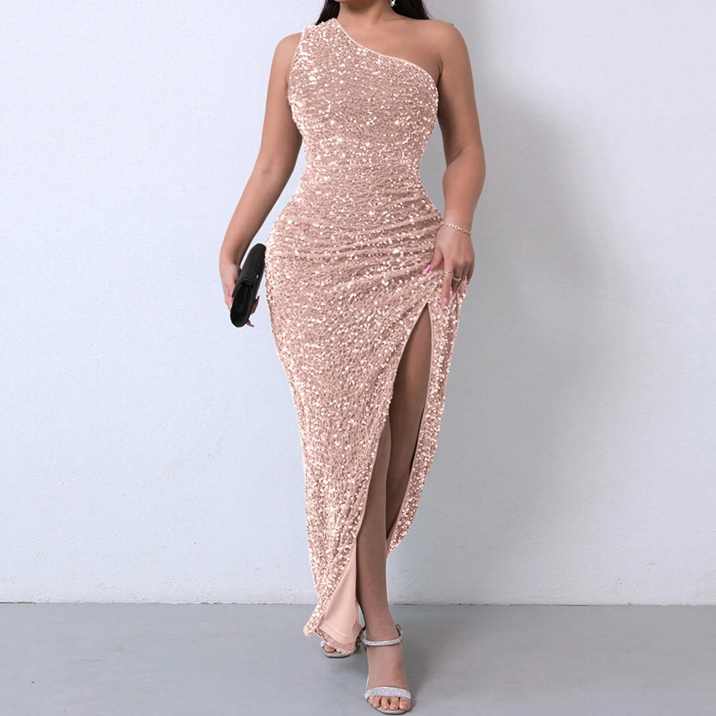 Tops Elegant Outfits Summer Dresses For Women 2023 Sequins One Shoulder Sleeveless Solid Color Dress Formal Occasion Dresses
