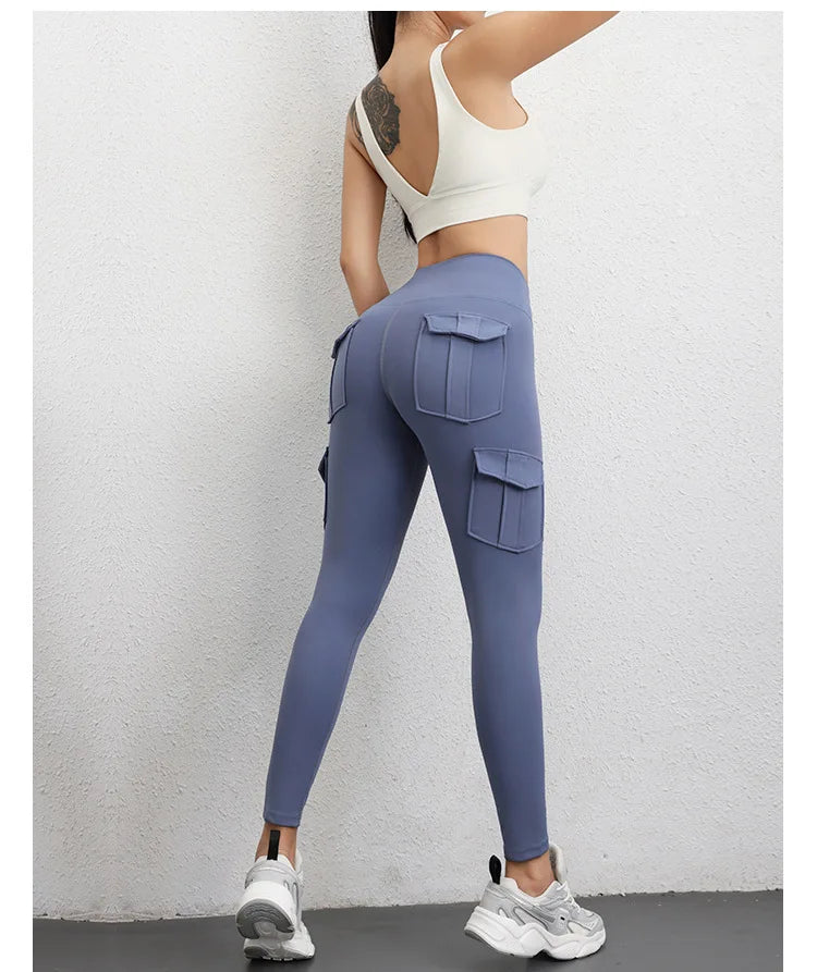 Multi-pocket High Waist Solid Color Yoga Pants Sporting Workout Leggins Pants Yoga Leggings For Women Elastic Slim leggings