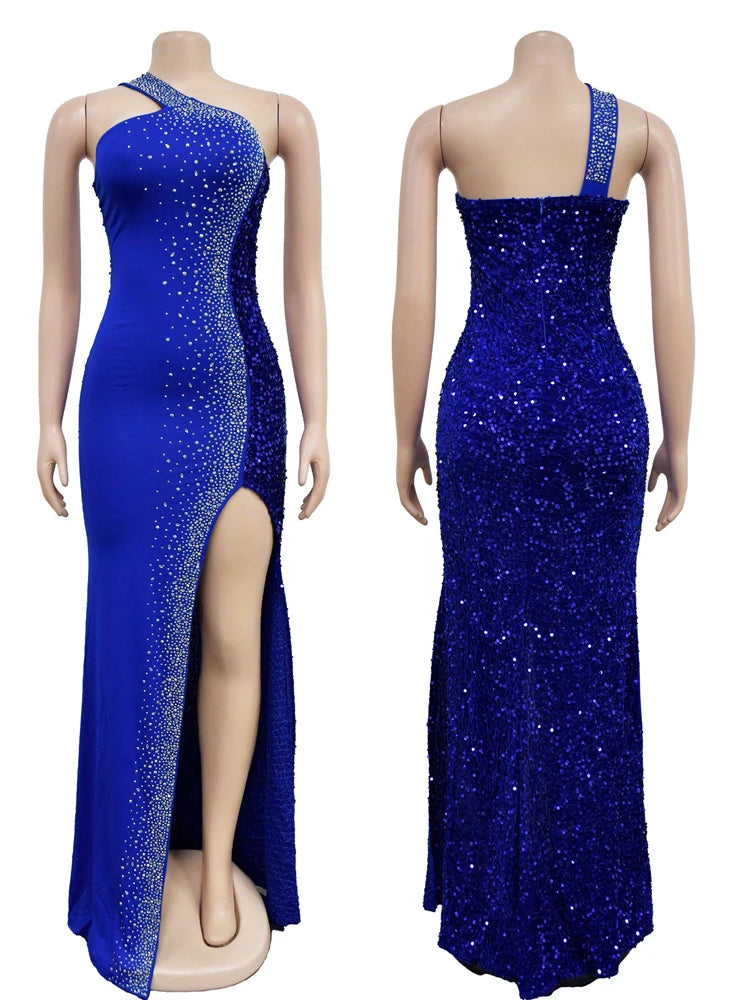HBLL Women's Sexy One Shoulder Elegant Rhinestone Birthday Maxi Split Dress Sparkly Hot Drilling Bodycon Party Night Clubwear