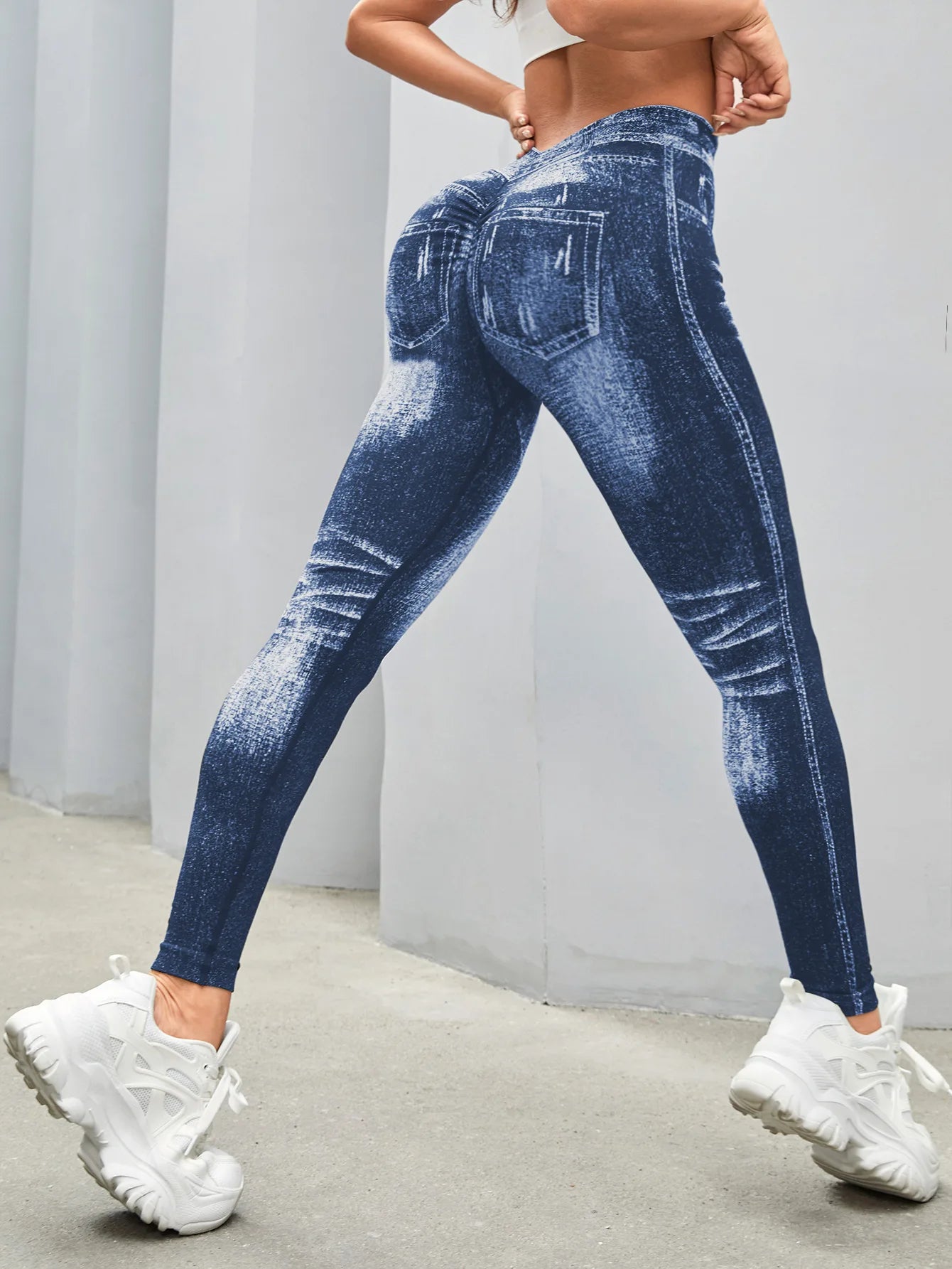 Women V Back Gym Leggings Faux Denim Jeans Athletic Workout Leggins Elastic Seamless Training Yoga Pants Sports Fitness Tights