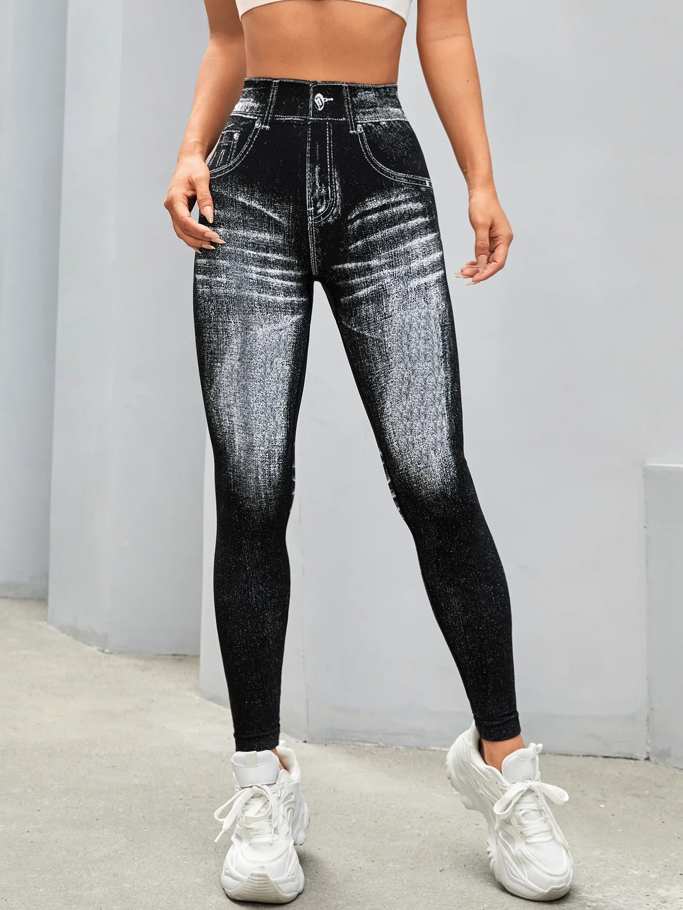 Women V Back Gym Leggings Faux Denim Jeans Athletic Workout Leggins Elastic Seamless Training Yoga Pants Sports Fitness Tights