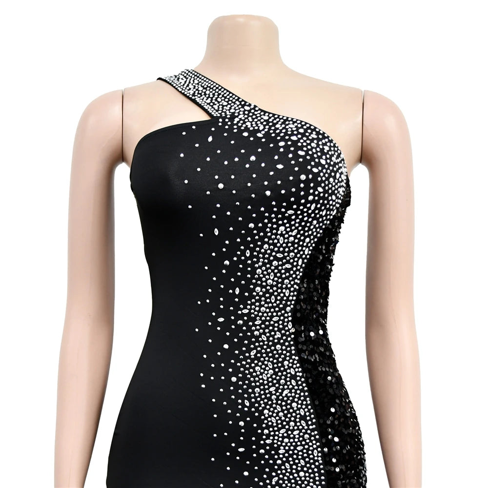 HBLL Women's Sexy One Shoulder Elegant Rhinestone Birthday Maxi Split Dress Sparkly Hot Drilling Bodycon Party Night Clubwear