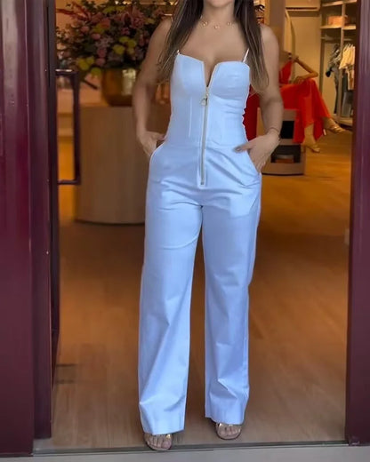 Women's Fashionable High-waist Jumpsuit Office Sexy Zipper Jumpsuit Summer Casual Commuting Solid Color Long Suspender Jumpsuit