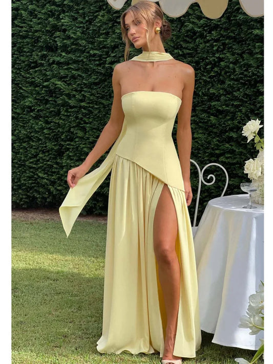 Articat Elegant Strapless Tight Pleated Slit Party Evening Dress Women Sexy Sleeveless Backless Scarf Ribbon Summer New Vestido
