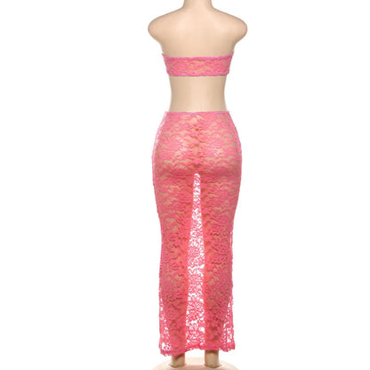 Articat Sexy Lace Tight Two Piece Set For Women's Summer New Solid Color Lace Top High Waist Perspective Long Dress Set 2024