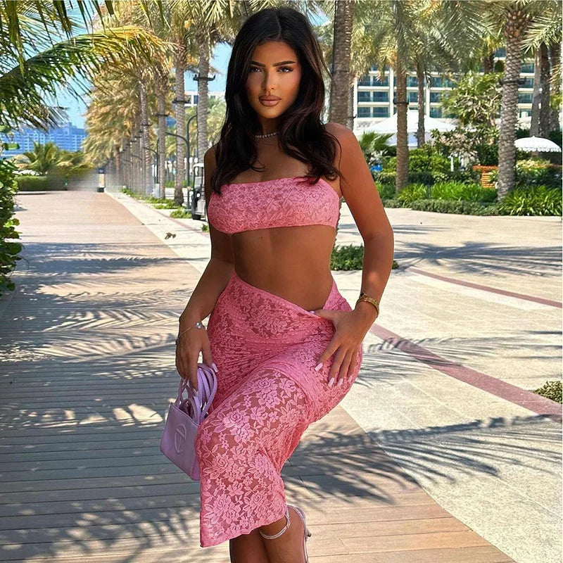 Articat Sexy Lace Tight Two Piece Set For Women's Summer New Solid Color Lace Top High Waist Perspective Long Dress Set 2024