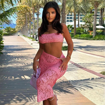 Articat Sexy Lace Tight Two Piece Set For Women's Summer New Solid Color Lace Top High Waist Perspective Long Dress Set 2024