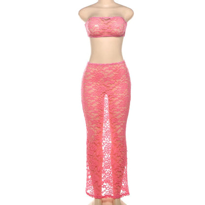 Articat Sexy Lace Tight Two Piece Set For Women's Summer New Solid Color Lace Top High Waist Perspective Long Dress Set 2024