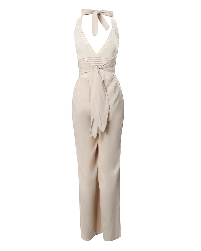 2023 Women Jumpsuits Lace Trim Buttoned Backless Slit Jumpsuit Jumpsuit