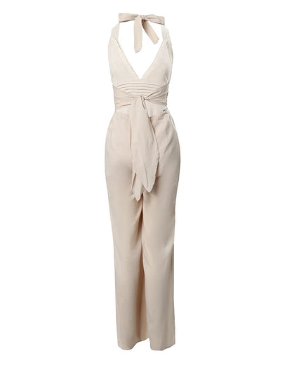 2023 Women Jumpsuits Lace Trim Buttoned Backless Slit Jumpsuit Jumpsuit