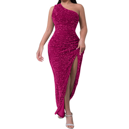 Tops Elegant Outfits Summer Dresses For Women 2023 Sequins One Shoulder Sleeveless Solid Color Dress Formal Occasion Dresses