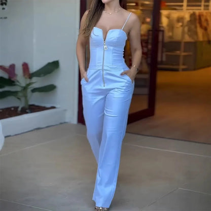 Women's Fashionable High-waist Jumpsuit Office Sexy Zipper Jumpsuit Summer Casual Commuting Solid Color Long Suspender Jumpsuit