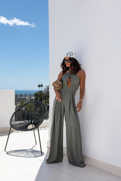 Sexy Solid Sleeveless Jumpsuit Spring Summer Fashion Commuter Women's Elegant Lapel Halter Neck Folds Wide Leg Trousers Jumpsuit