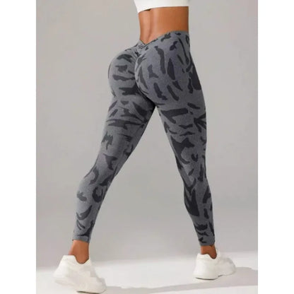 Women V-waist Printed Seamless Yoga Leggings for Sports Fitness, High Waisted Leopard Print Pants Sexy Slim Fit Yoga Leggings