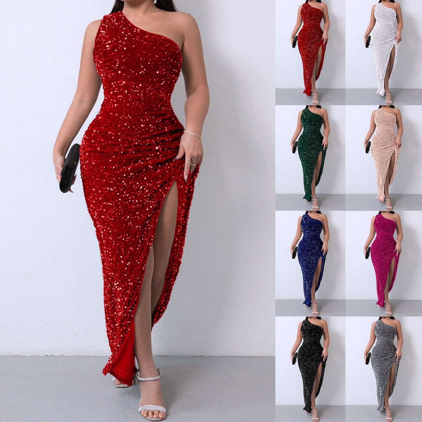 Tops Elegant Outfits Summer Dresses For Women 2023 Sequins One Shoulder Sleeveless Solid Color Dress Formal Occasion Dresses
