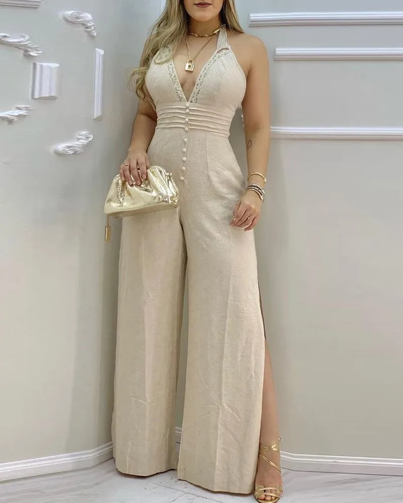 2023 Women Jumpsuits Lace Trim Buttoned Backless Slit Jumpsuit Jumpsuit