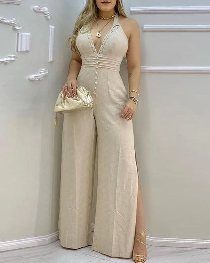 2023 Women Jumpsuits Lace Trim Buttoned Backless Slit Jumpsuit Jumpsuit