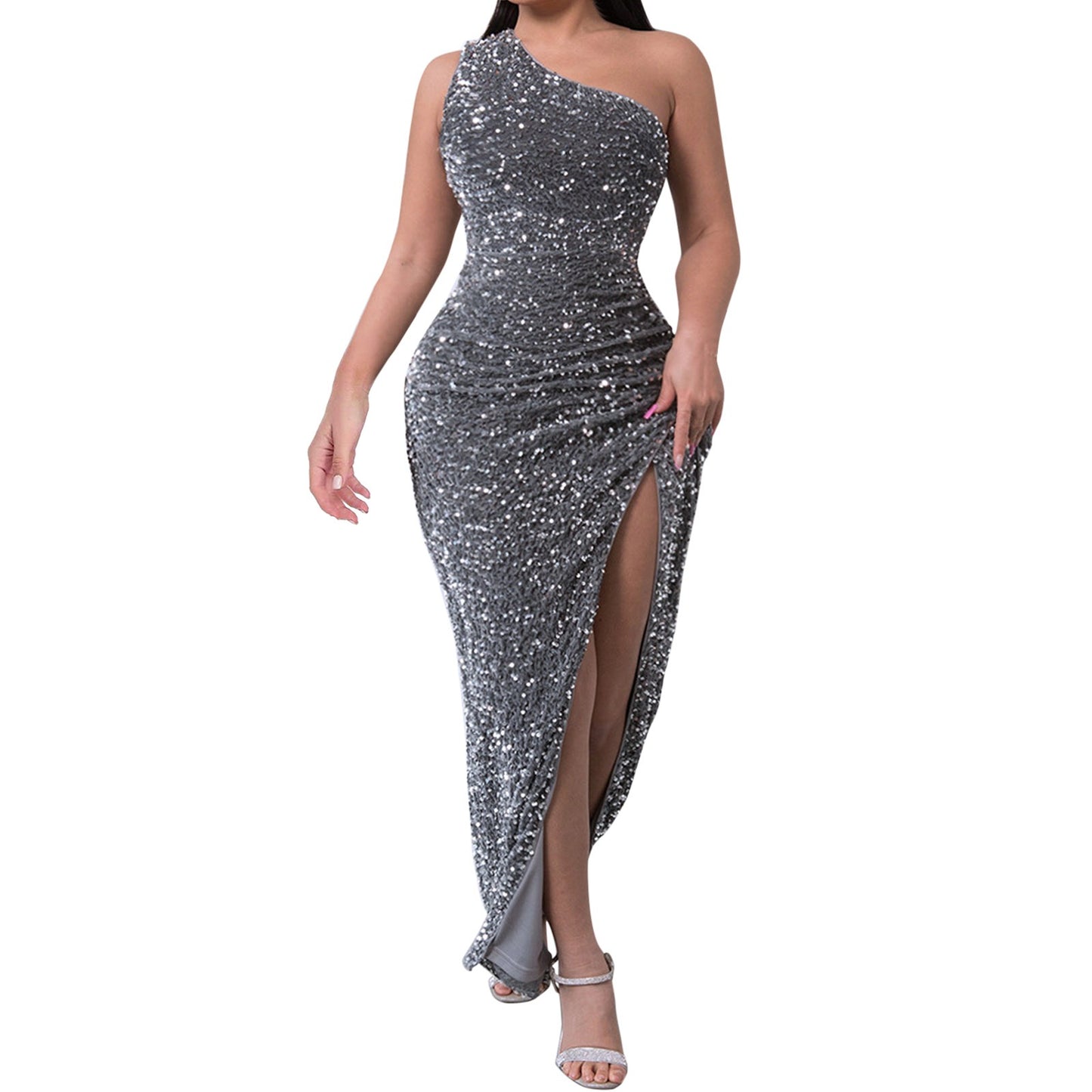 Tops Elegant Outfits Summer Dresses For Women 2023 Sequins One Shoulder Sleeveless Solid Color Dress Formal Occasion Dresses