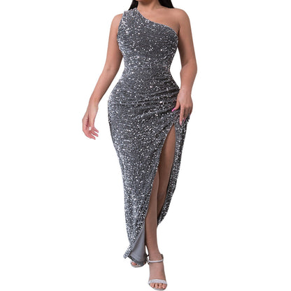 Tops Elegant Outfits Summer Dresses For Women 2023 Sequins One Shoulder Sleeveless Solid Color Dress Formal Occasion Dresses
