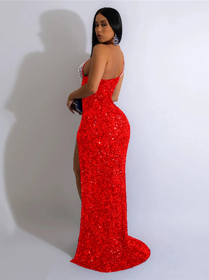 HBLL Women's Sexy One Shoulder Elegant Rhinestone Birthday Maxi Split Dress Sparkly Hot Drilling Bodycon Party Night Clubwear