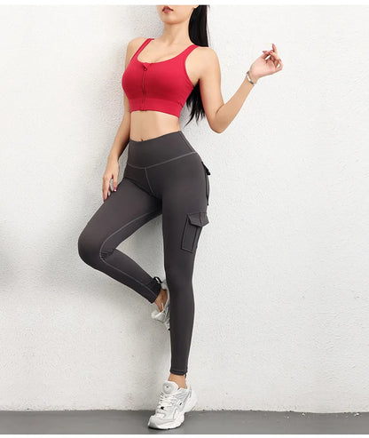 Multi-pocket High Waist Solid Color Yoga Pants  Sporting Workout Leggins Pants Yoga Leggings For Women Elastic Slim leggings