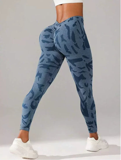 Women V-waist Printed Seamless Yoga Leggings for Sports Fitness, High Waisted Leopard Print Pants Sexy Slim Fit Yoga Leggings