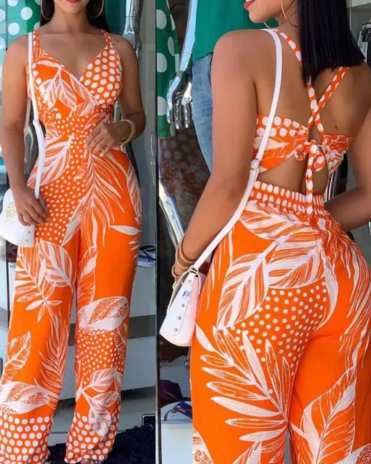 2025 Woman Long Jumpsuits Elegant Sexy Tropical Print New Fashion Spaghetti Strap Jumpsuit Casual Female Clothing Outfits Summer