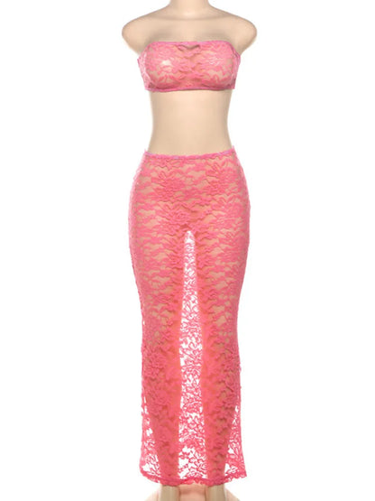 Articat Sexy Lace Tight Two Piece Set For Women's Summer New Solid Color Lace Top High Waist Perspective Long Dress Set 2024