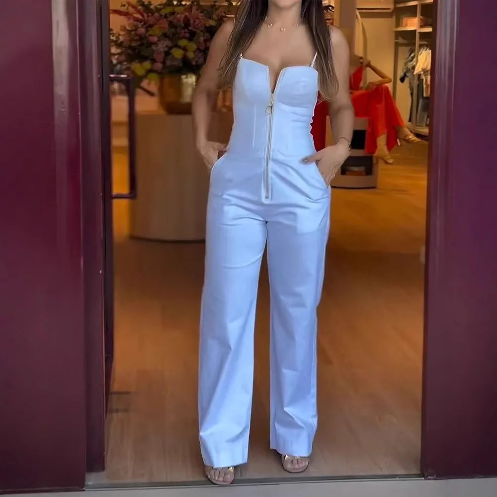 Women's Fashionable High-waist Jumpsuit Office Sexy Zipper Jumpsuit Summer Casual Commuting Solid Color Long Suspender Jumpsuit