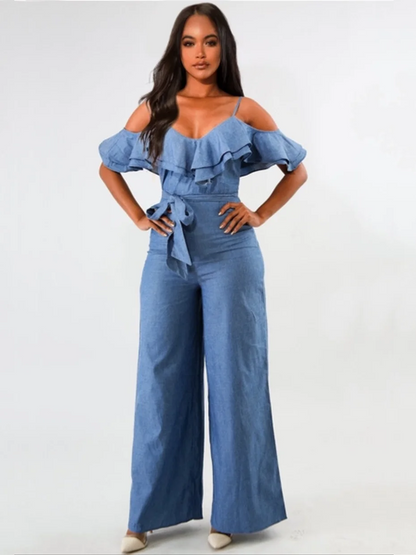 Women's Sexy Denim Jumpsuit, Ruffled Straps Romper with Belt, Loose Fit Long Pants, Summer Fashion Outfit