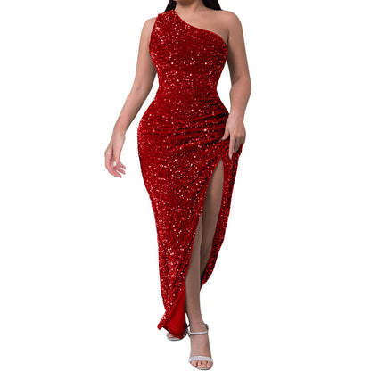Tops Elegant Outfits Summer Dresses For Women 2023 Sequins One Shoulder Sleeveless Solid Color Dress Formal Occasion Dresses