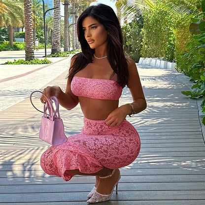 Articat Sexy Lace Tight Two Piece Set For Women's Summer New Solid Color Lace Top High Waist Perspective Long Dress Set 2024