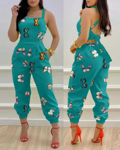 Elegant Women's jumpsuit 2024 Summer Fashion Strap Hollow Sexy Off waist Printed jumpsuit