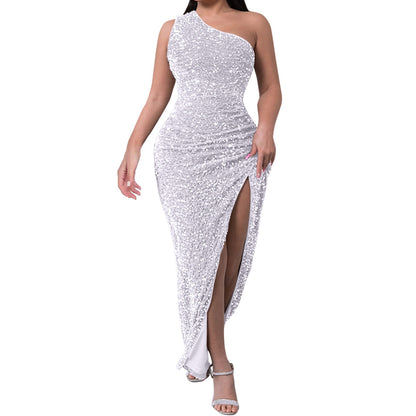 Tops Elegant Outfits Summer Dresses For Women 2023 Sequins One Shoulder Sleeveless Solid Color Dress Formal Occasion Dresses